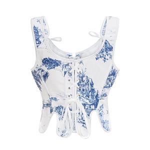 Retro Blue And White Porcelain Back Wtrap Bra Top With Navel-Baring Crop Top N23592