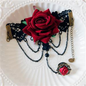 Victorian Gothic Lace Wristband Red Rose Bracelet with Red Rose Ring J18029