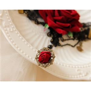 Victorian Gothic Lace Wristband Red Rose Bracelet with Red Rose Ring J18029