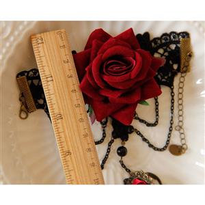 Victorian Gothic Lace Wristband Red Rose Bracelet with Red Rose Ring J18029