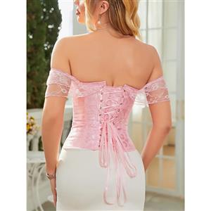 Victorian Gothic Pink Jacquard Off Shoulder Floral Lace Plastic Bone Overbust Corset N23523