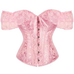 Victorian Gothic Pink Jacquard Off Shoulder Floral Lace Plastic Bone Overbust Corset N23523