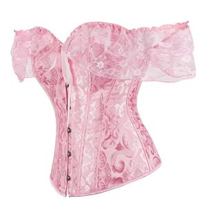 Victorian Gothic Pink Jacquard Off Shoulder Floral Lace Plastic Bone Overbust Corset N23523