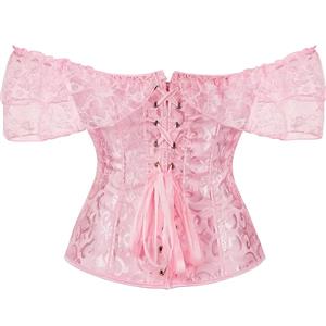 Victorian Gothic Pink Jacquard Off Shoulder Floral Lace Plastic Bone Overbust Corset N23523