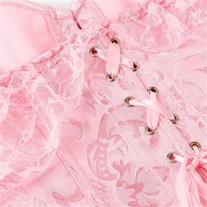 Victorian Gothic Pink Jacquard Off Shoulder Floral Lace Plastic Bone Overbust Corset N23523