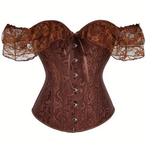 Victorian Gothic Pink Jacquard Off Shoulder Floral Lace Plastic Bone Overbust Corset N23524