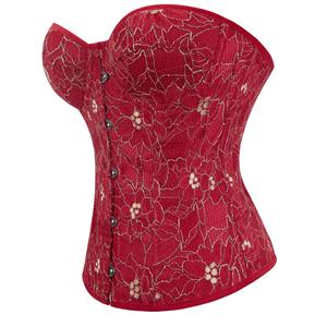 Red Embroidered Strapless Palace Corset with Cup Waist Cinch and Bust Support N23644