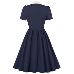 Vintage Tie Collar Front Button Short Sleeve Solid Color High Waist Cocktail Party Midi Dress N23556