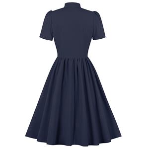 Vintage Tie Collar Front Button Short Sleeve Solid Color High Waist Cocktail Party Midi Dress N23556