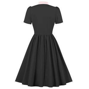 Vintage Tie Collar Front Button Short Sleeve Solid Color High Waist Cocktail Party Midi Dress N23558