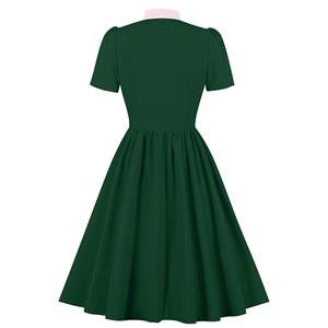 Vintage Tie Collar Front Button Short Sleeve Solid Color High Waist Cocktail Party Midi Dress N23559