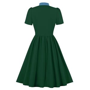 Vintage Tie Collar Front Button Short Sleeve Solid Color High Waist Cocktail Party Midi Dress N23560