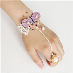 Vintage White Floral Lace Wristband Butterfly Embellishment Bracelet with Ring J17903