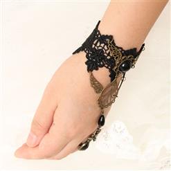 Gothic Wristband Black Gem Embellished Bracelet with Ring J18052