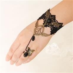 Gothic Black Gem Bracelet, Cheap Wristband, Gothic Black Lace Bracelet, Victorian Bracelet, Retro Wristband, Bracelet with Ring, #J18052