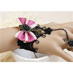 Vintage Wristband Black Lace Pink Bowknot Embellished Bracelet with Ring J18057