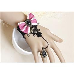 Vintage Wristband Black Lace Pink Bowknot Embellished Bracelet with Ring J18057