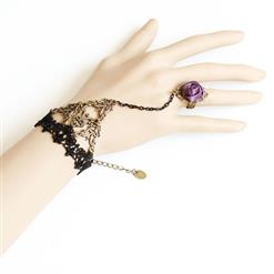 Gothic Wristband Bronze Purple Rose Embellished Bracelet with Ring J18058