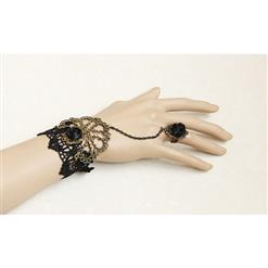 Gothic Black Wristband Rose Bronze Embellished Bracelet with Ring J18068