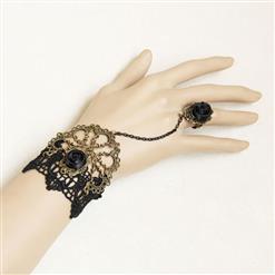 Gothic Black Wristband Rose Bronze Embellished Bracelet with Ring J18068