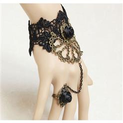 Gothic Black Wristband Rose Bronze Embellished Bracelet with Ring J18068