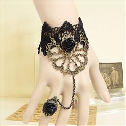 Gothic Black Wristband Rose Bronze Embellished Bracelet with Ring J18068