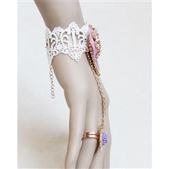 Vintage White Wristband Purple Bowknot Embellished Bracelet with Ring J18073