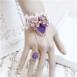 Vintage White Wristband Purple Bowknot Embellished Bracelet with Ring J18073