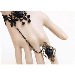 Gothic Black Wristband Rose Embellished Bracelet with Ring J18076