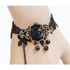 Gothic Black Wristband Rose Embellished Bracelet with Ring J18076