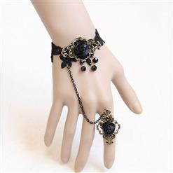 Gothic Black Wristband Rose Embellished Bracelet with Ring J18076