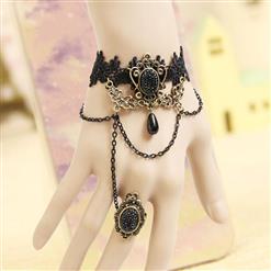 Gothic Black Wristband Gem Bronze Embellished Bracelet with Ring J18077