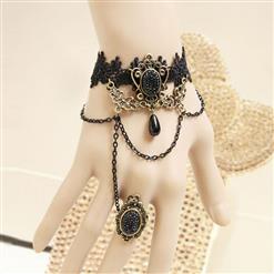 Gothic Black Wristband Gem Bronze Embellished Bracelet with Ring J18077