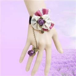 Vintage Black Wristband Purple Rose Bowknot  Embellished Bracelet with Ring J18083