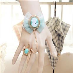 Retro White Wristband Light Blue Embossment Embellished Bracelet with Ring J18084