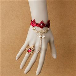 Vintage Red Wristband Golden Heart Embellished Bracelet with Ring J18086