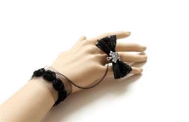 Gothic Black Wristband Bowknot Embellished Bracelet with Ring J18088