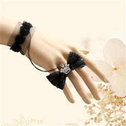 Gothic Black Wristband Bowknot Embellished Bracelet with Ring J18088