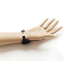 Gothic Black Wristband Rose Embellished Bracelet with Ring J18089