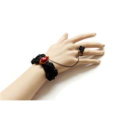 Gothic Black Wristband Rose Embellished Bracelet with Ring J18089