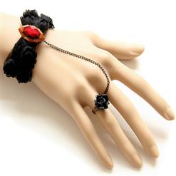 Gothic Black Wristband Rose Embellished Bracelet with Ring J18089