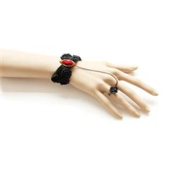 Gothic Black Wristband Rose Embellished Bracelet with Ring J18089