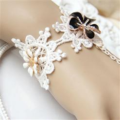 Vintage White Wristband Glaze Daisy Embellished Bracelet with Ring J18098