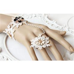 Vintage White Wristband Glaze Daisy Embellished Bracelet with Ring J18098