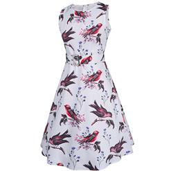 1950's Women Vintage Floral Bird Print Sleeveless Dress N14073