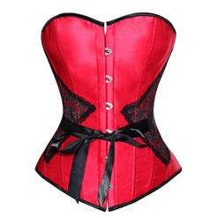 Sexy Red & Black Lace Ribbon Busk Closure Corset with Puff Sleeves N2002