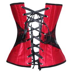 Sexy Red & Black Lace Ribbon Busk Closure Corset with Puff Sleeves N2002