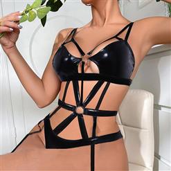 Sexy Black Hollow Out Spaghetti Straps Backless PU Metal Ring Bodysuit Lingerie N22705