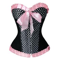 Sexy Black Satin Polka Dots Ruffle Bustier Overbust Corset N3288