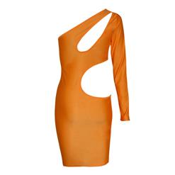 Sexy Fluorescent Orange One-shooulder Cut Out Clubwear Bodycon Mini Dress N6427